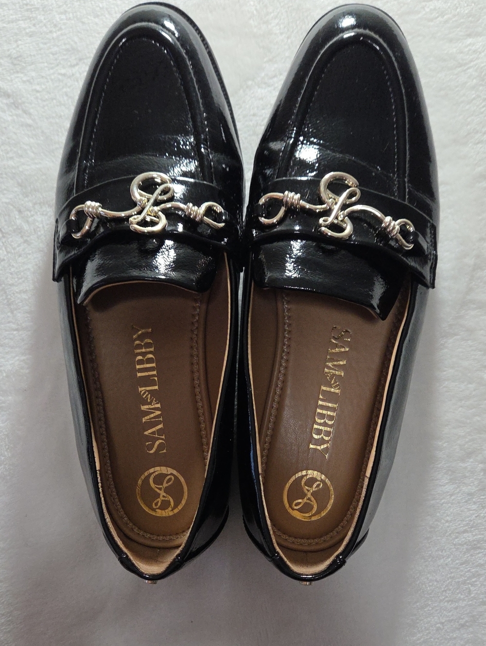 Sam & Libby Black Patent Loafers with Gold Chain Accent